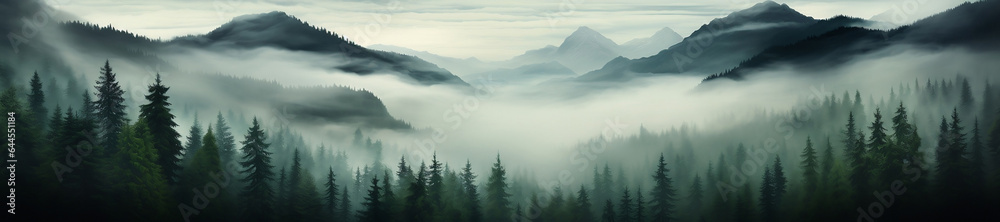 Whispering Serenity: Misty Fir Forest in the Dawn