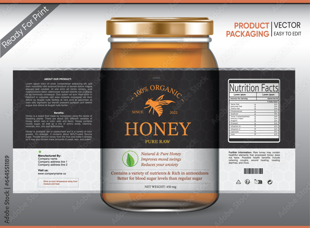 Honey Label, Honey Packaging, Bee honey, Honey Vector packaging, Label ...