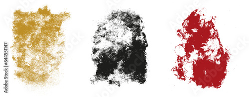 Set of 3 Abstract Paint Vector Splatters. Black, Gold and Red Paint Stains on a White Background. Irregular Grunge Stains and Splatter Print Set. Rgb Colors. No text.	