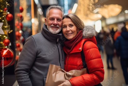 Loving Scandinavian middle aged couple on a Christmas eve in mall. They are standing and smiling next the christmas tree in mall. Christmas sales concept. © Stavros