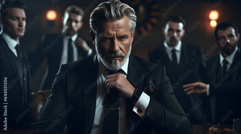  The most interesting man in the world. Middle aged classic beard gentleman wearing expensive suit and accessories, standing in a dark place, with his team in his background. Serious mafia boss  - obrazy, fototapety, plakaty 