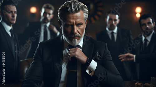  The most interesting man in the world. Middle aged classic beard gentleman wearing expensive suit and accessories, standing in a dark place, with his team in his background. Serious mafia boss 