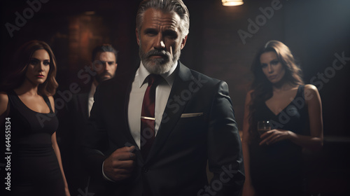 Grey hair man. Middle aged classic beard gentleman wearing expensive suit and accessories, standing in a dark place, with his team in his background. Serious mafia boss 
