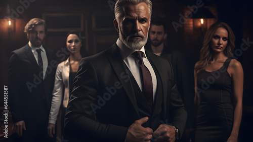 The most interesting man in the world. Middle aged classic beard gentleman wearing expensive suit and accessories, standing in a dark place, with his team in his background. Serious mafia boss