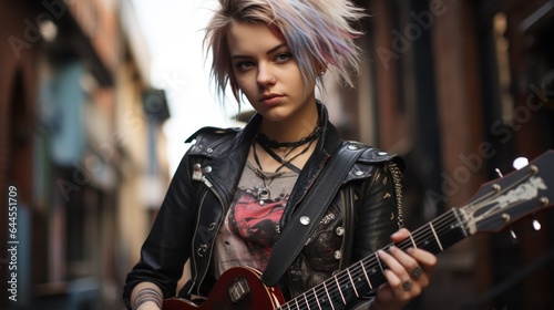 Punk-rock teenage girl with a studded jacket and guitar.