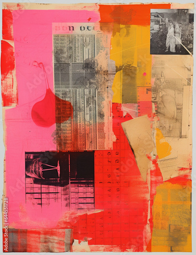 abstract background: collage with newsprint and silkscreened color