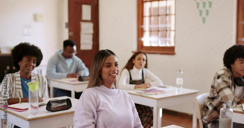 University, students and questions in classroom for exam in education, learning and school work. Attention, happiness and info, young men and women with hands raised to answer lecture with professor. University, students and questions in classroom for exam in education, learning and school work. Attention, happiness and info, young men and women with hands raised to answer lecture with professor.