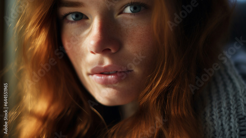 Close up portrait of a glamorous young woman with auburn hair and light freckles.. Skincare, hair and cosmetics. Sunlit portrait indoors.