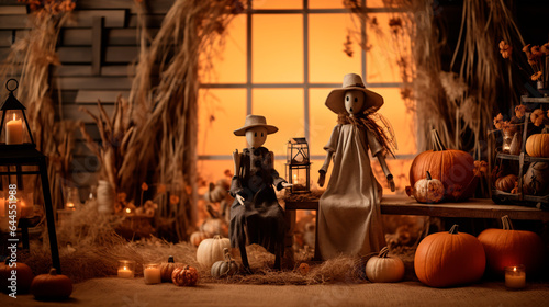 Сozy and nostalgic Halloween background with autumn decorations, scarecrows ans pumpkins. Halloween Wallpaper. Commercial Photo. Generative Ai photo