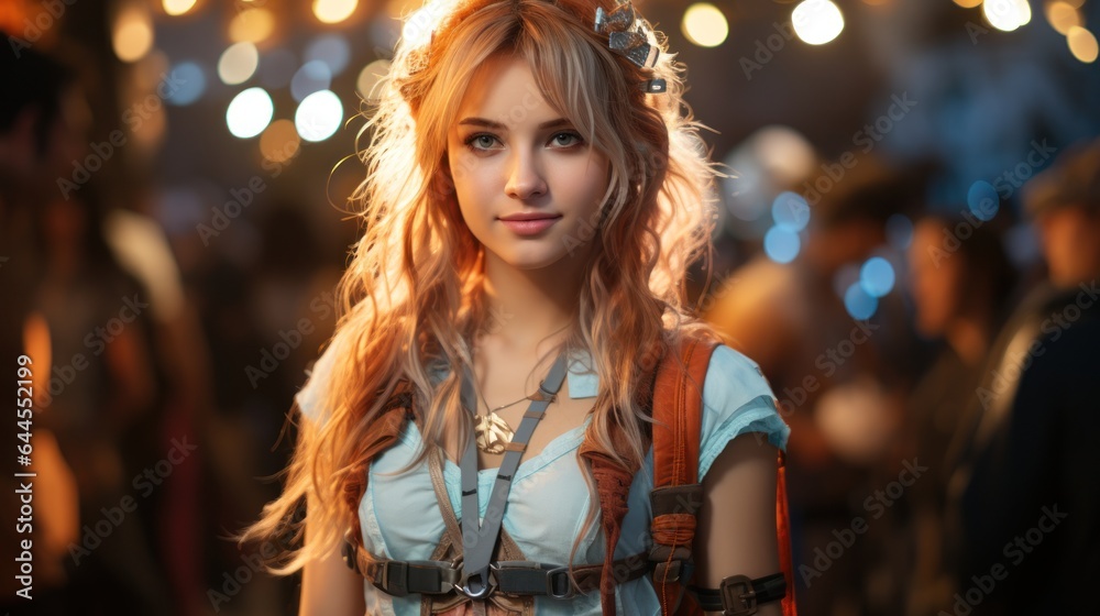 Teenage girl in a cosplay outfit holding a prop. Teenage girl in a cosplay outfit holding a prop.