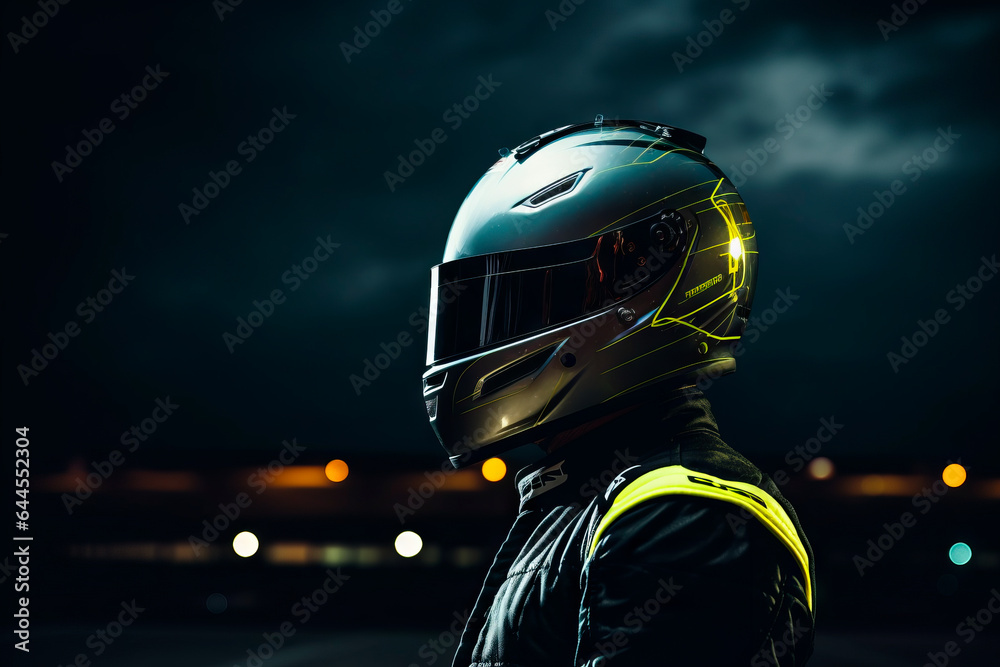 Race Car Driver in Jumpsuit with Helmet and Mirrored Visor, Seen from Side and Back at Racetrack