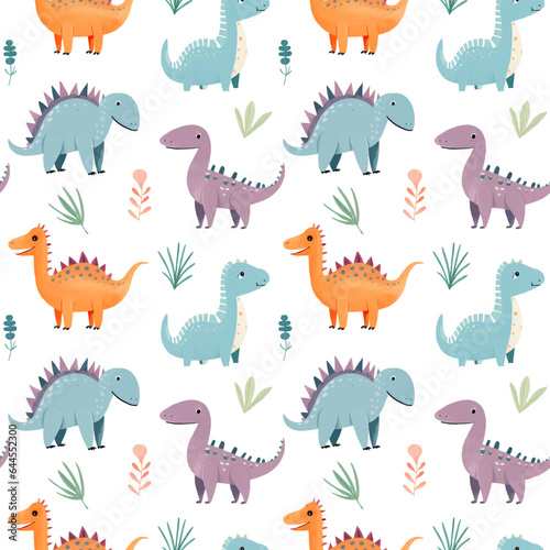 Seamless pattern of cute colorful dinosaurs with floral elements.   hildren s print