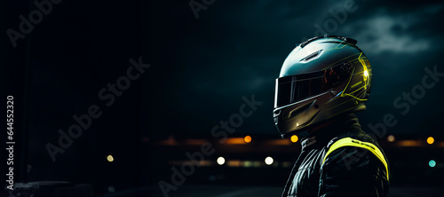 Vászonkép Race Car Driver in Jumpsuit with Helmet and Mirrored Visor, Seen from Side and B
