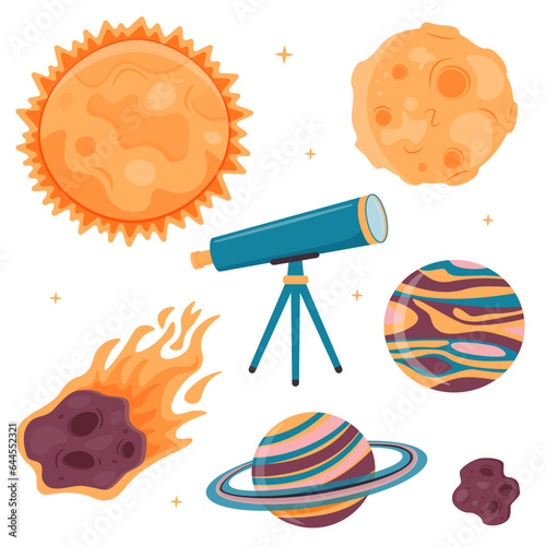 A set of illustrations with the sun, moon, planets, meteorite and telescope in cartoon style.