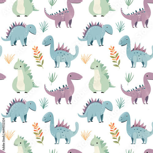 Seamless pattern of cute colorful dinosaurs with floral elements.   hildren s print