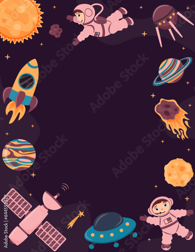 Vector background with astronauts  planets  spacecraft  rocket  satellite  meteorite  space station in cartoon style.