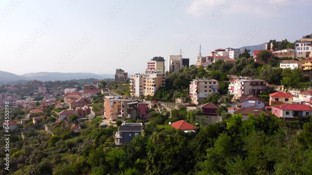 Panoramic aerial drone view of the city from Kruje Castle and its fortress. Albania