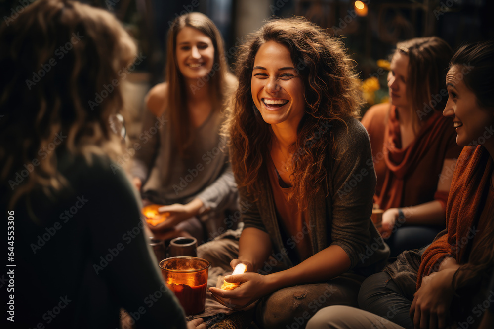 A group of friends and family members sharing stories and laughter during a Thanksgiving storytelling session. Generative Ai. A group of friends and family members sharing stories and laughter during a Thanksgiving storytelling session. Generative Ai.