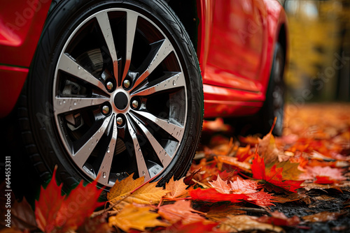 New car wheel on autumn Acer maple leaves