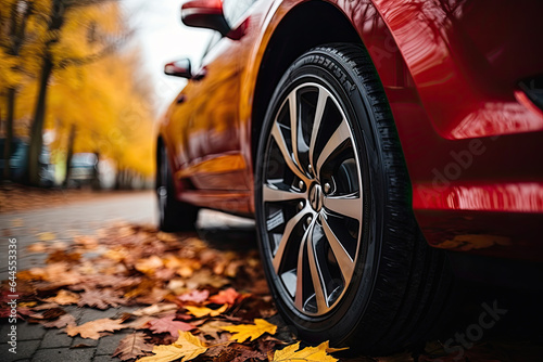 New red car wheel on autumn leaves © AI Exclusive 