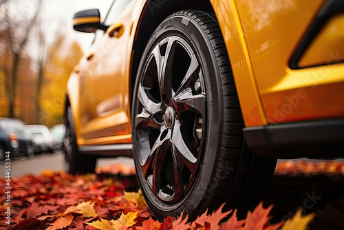 New yellow car wheel on autumn leaves