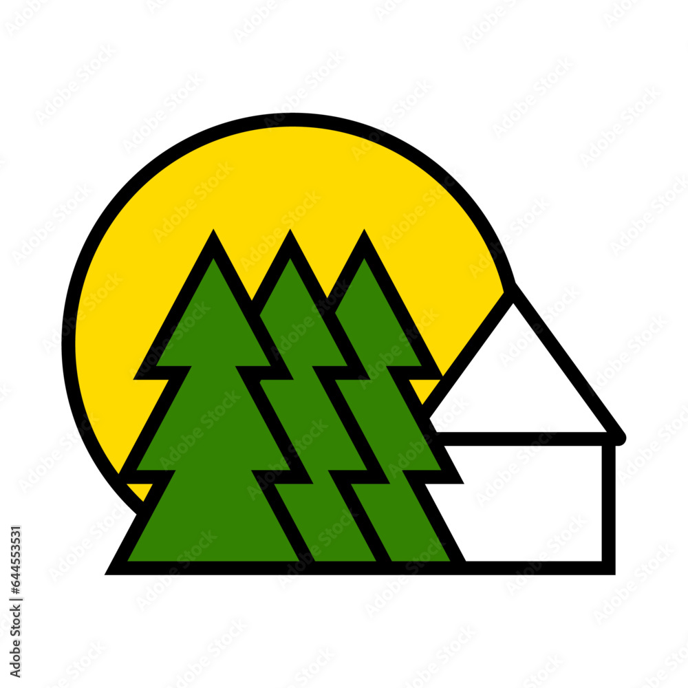 Fototapeta premium Logo of the house, trees on the background of the sun. Flat vector illustration.