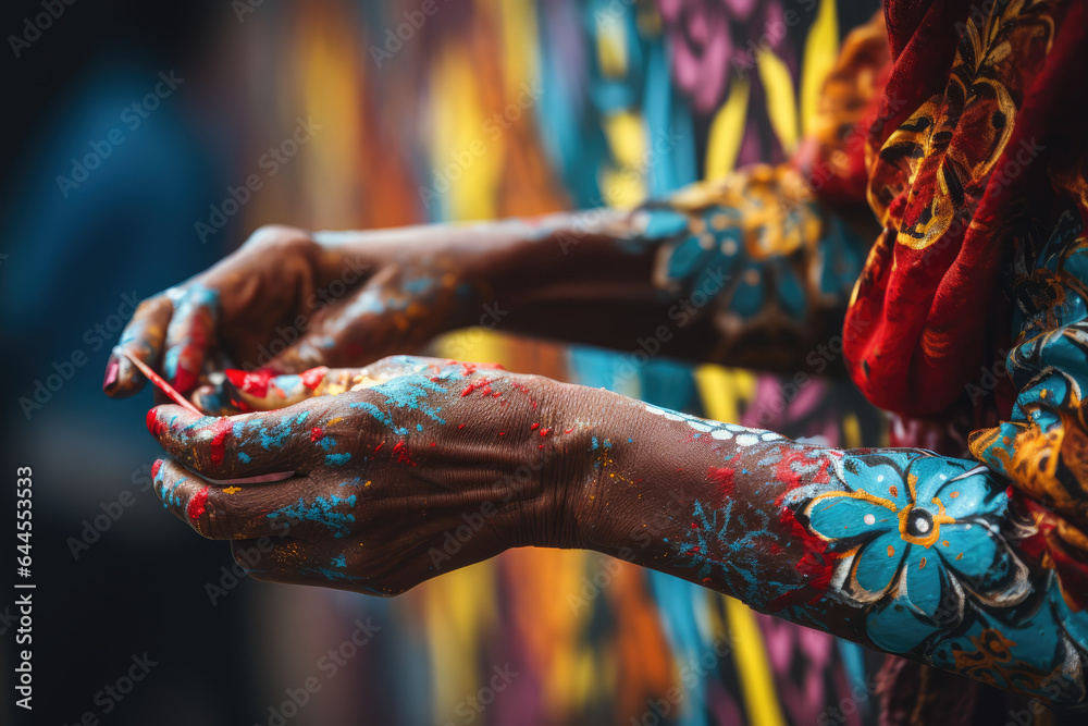 Fototapeta premium A close-up of a person's hand painting a mural that celebrates diversity and human rights. Generative Ai.