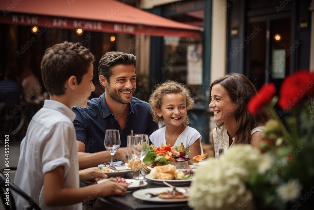 Families enjoying a festive meal at a local bistro, indulging in French cuisine on Bastille Day. Generative Ai.