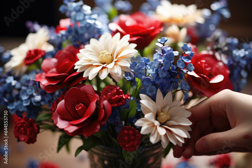 A close-up of a person's hand arranging a bouquet of red, white, and blue flowers in honor of the French flag. Generative Ai.