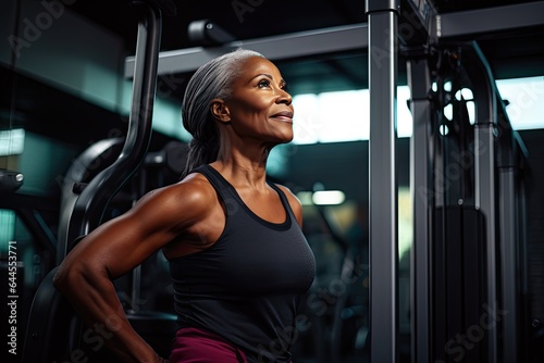 Photo of a middle aged African American woman in gym. Beautiful young female athlete bodybuilder, resting after the crossfit workout.