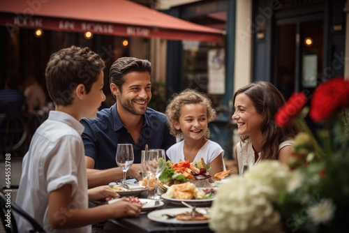 Families enjoying a festive meal at a local bistro, indulging in French cuisine on Bastille Day. Generative Ai.