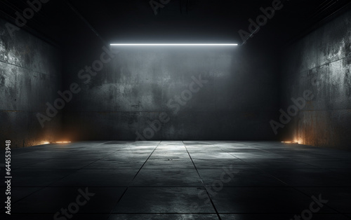 Dark and dark room wall with cement reflective floor, smoke and dim light © MUS_GRAPHIC