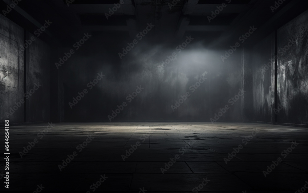 Dark and dark room wall with cement reflective floor, smoke and dim light