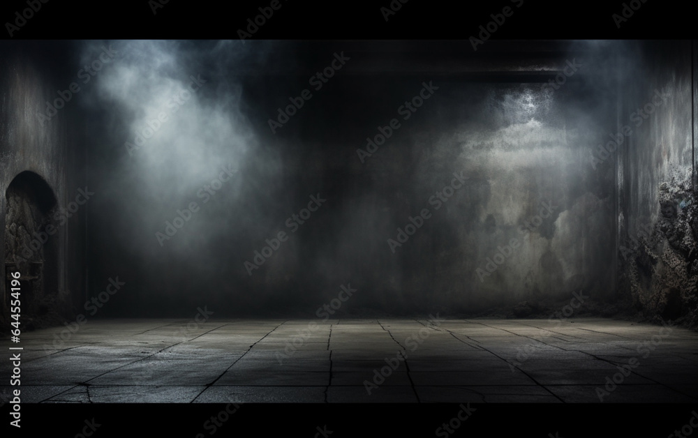 Dark and dark room wall with cement reflective floor, smoke and dim light