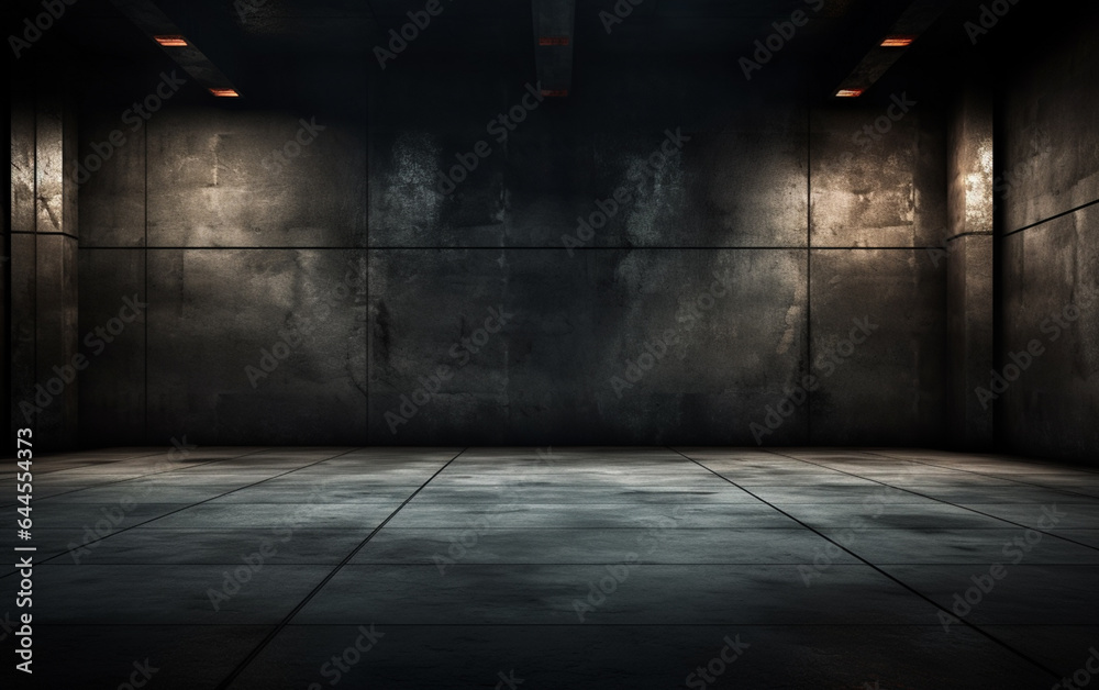 Dark and dark room wall with cement reflective floor, smoke and dim light Dark and dark room wall with cement reflective floor, smoke and dim light