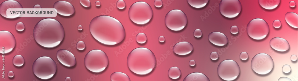 Abstract Vector Backgound with Transparent Water Drops on Bright Red Gradient.