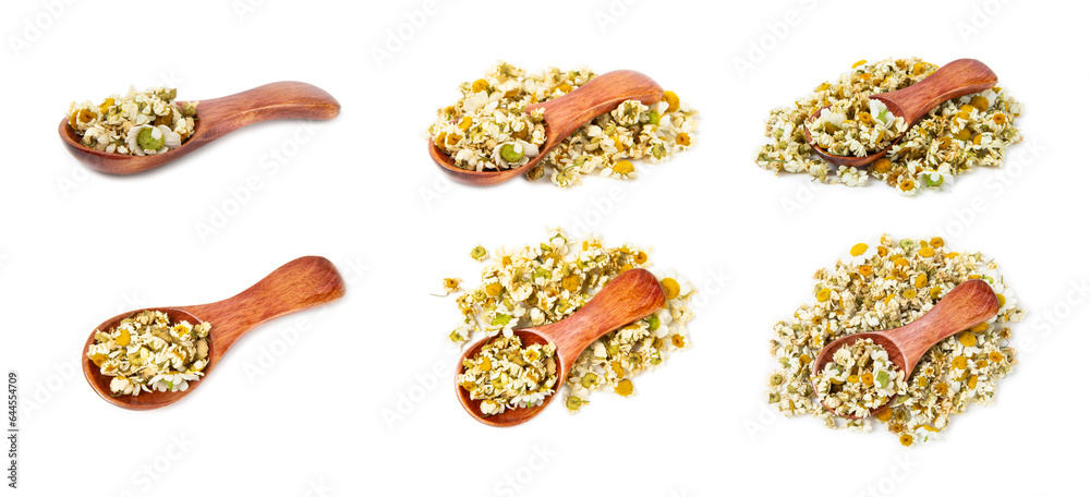Dry chamomile flowers in a wooden spoon isolated on white background. Soothing chamomile tea. Herbal drink. Medical prevention and immune concept. Folk medicine, alternative, traditional medicine.