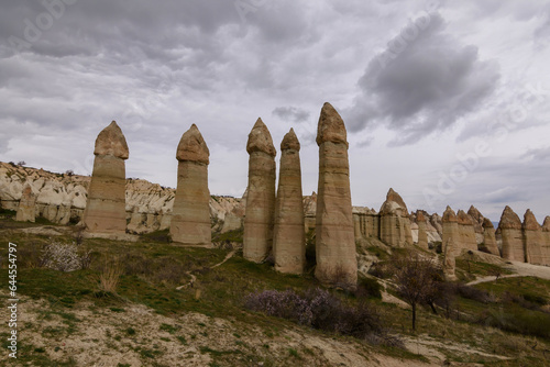 Giant rock and sand formations in touristic Cappadocia.Museum and fairy chimneys in Cappadocia, Turkey.