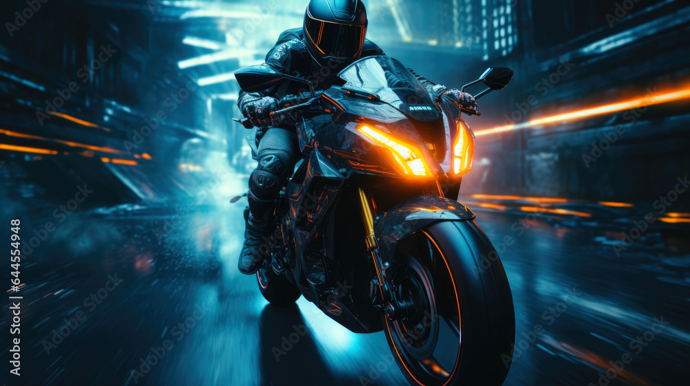 Motorcycle driving at high speed. Generative AI Motorcycle driving at high speed. Generative AI