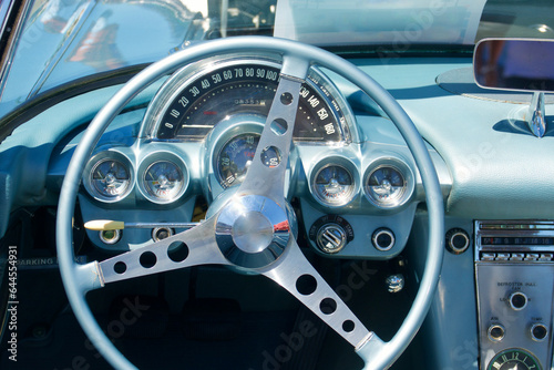 closeup details of interior of vintage sports car 