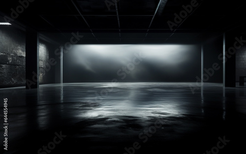 Dark and dark room wall with cement reflective floor, smoke and dim light