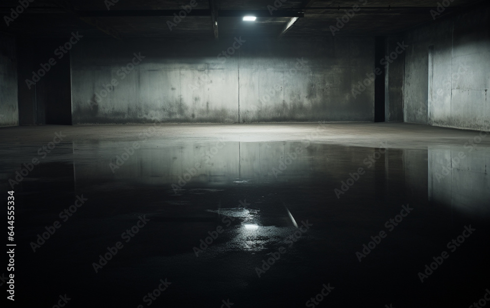 Dark and dark room wall with cement reflective floor, smoke and dim light