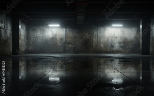 Dark and dark room wall with cement reflective floor, smoke and dim light