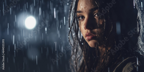 Portrait of a young woman with wet hair in the rain at night. Selective focus.