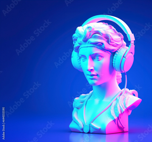 Antique head statue with headphones. Neon colors, cyan and pink. Retro futurism background. AI generated image