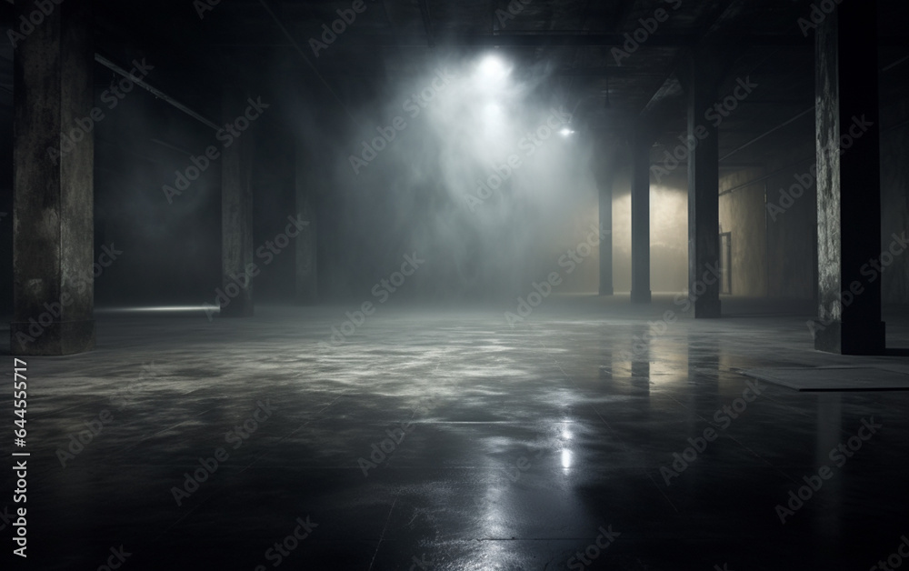 Dark and dark room wall with cement reflective floor, smoke and dim light