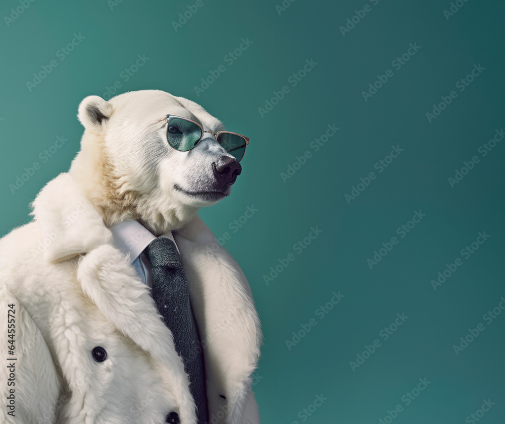 Cool polar bear gentleman wearing a polar bear fur coat. Hypocrisy