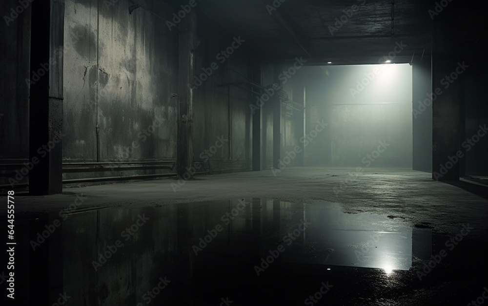 Dark and dark room wall with cement reflective floor, smoke and dim light