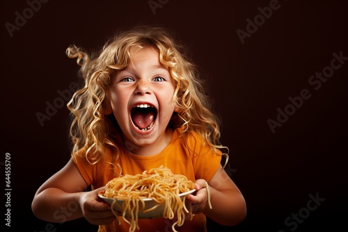 cute little cheerful girl happy about a plate of spaghetti noodles in front of her ready to eat it