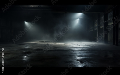 Dark and dark room wall with cement reflective floor, smoke and dim light